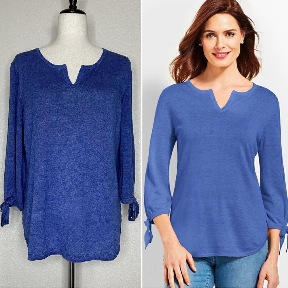 Talbots 100% Linen Split Crewneck Sleeves Tie Sweater, Sz Medium